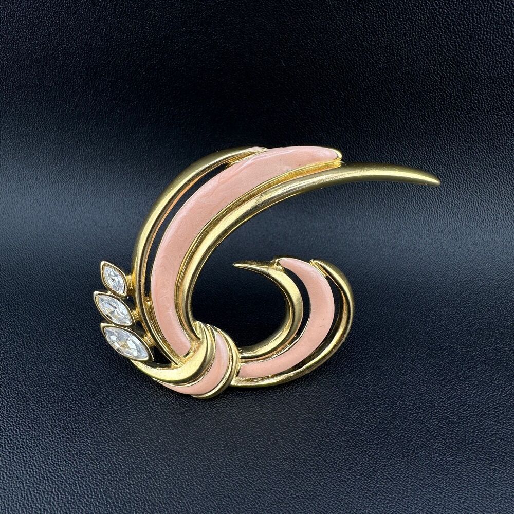 Vintage Trifari Rhinestone Brooch Pink Enamel Marquise Stones Gold Tone